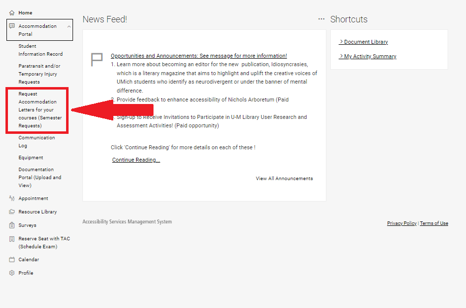 Red arrow pointing to Request Accommodation Letters for your courses
