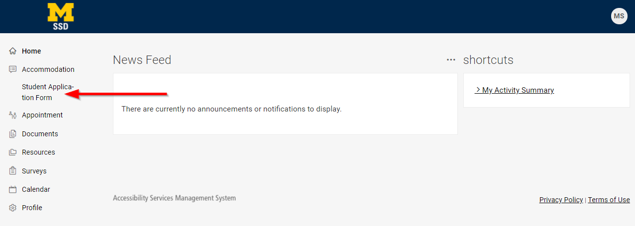 select student application form