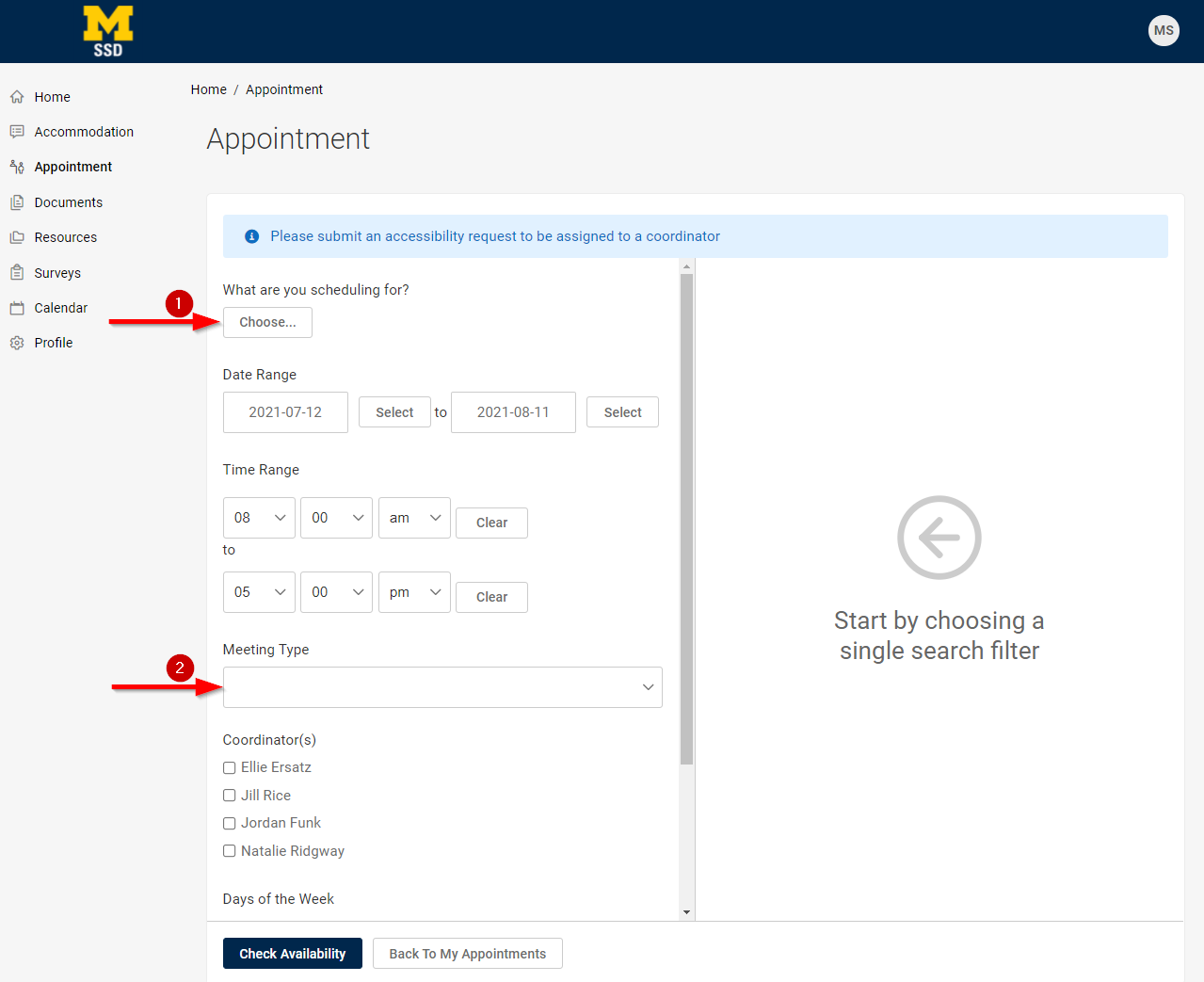 select appointment types