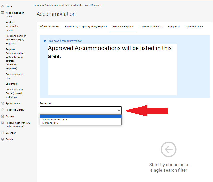 Arrow pointing to semester select box