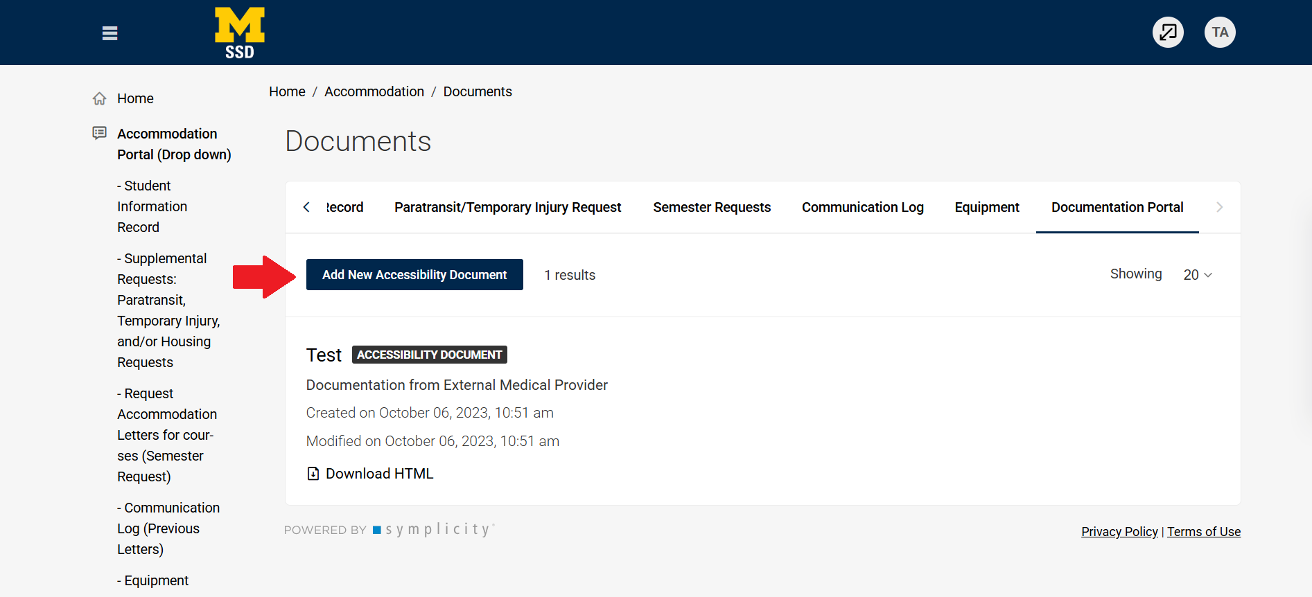 Screenshot of portal with arrow pointing at Add New Accessibility Document