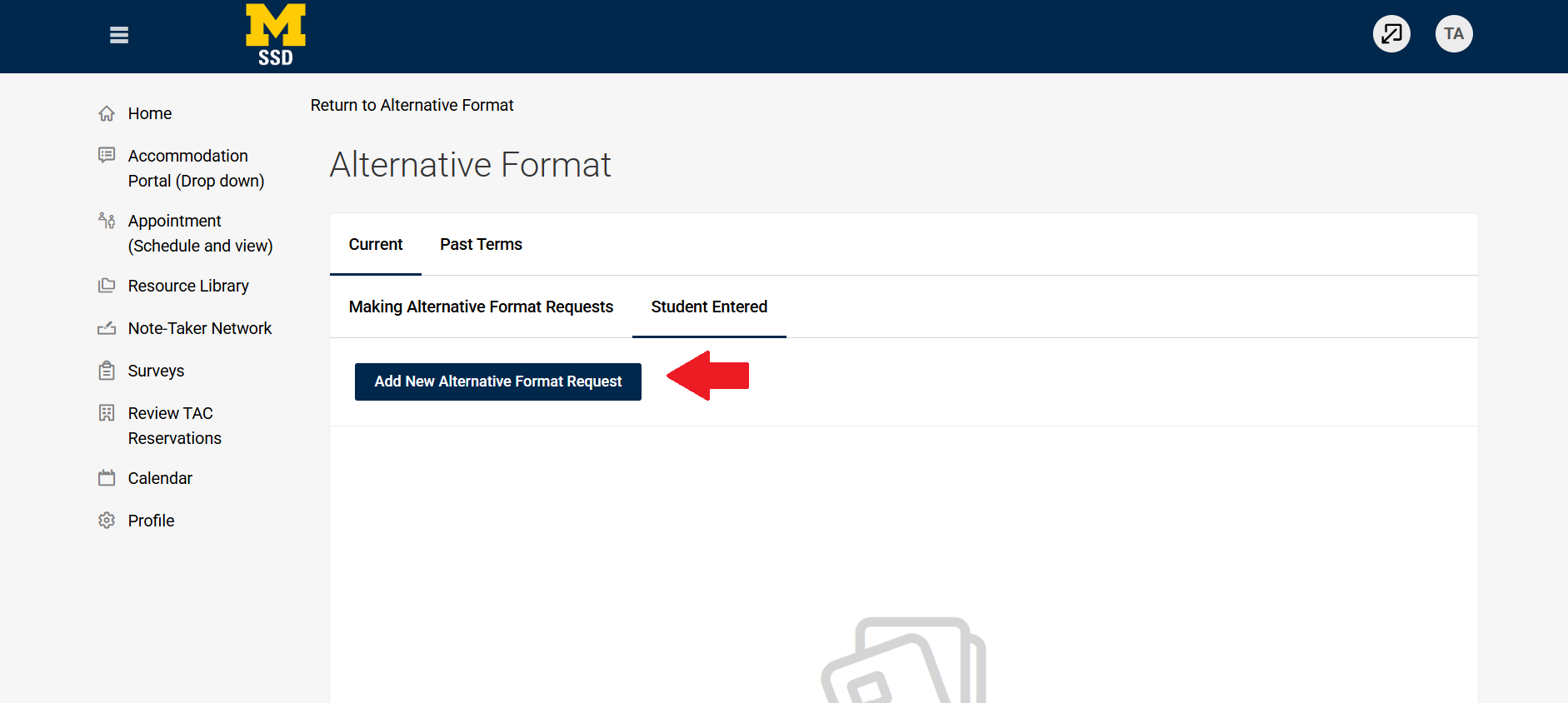 Arrow pointing at Add New Alternative Format Request