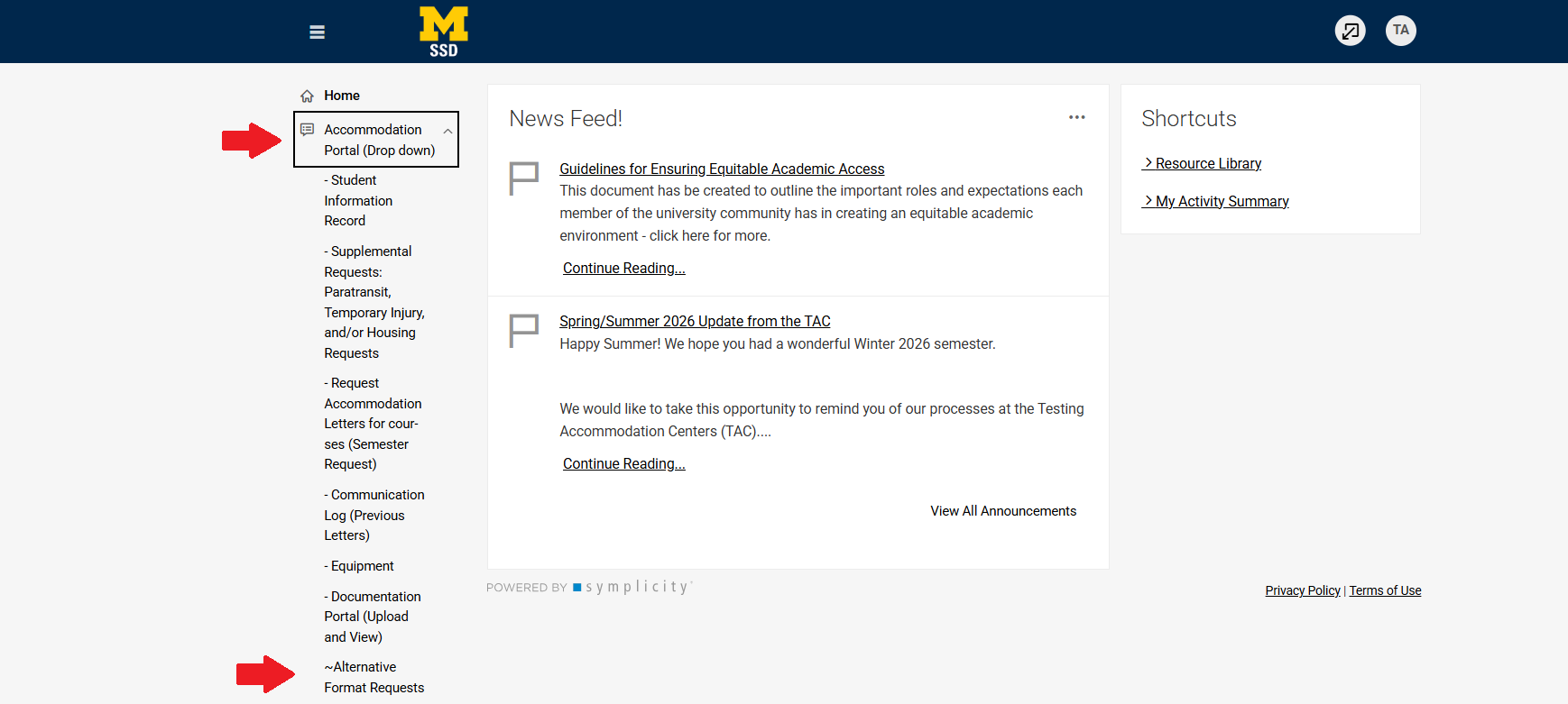 Arrows pointing at Accommodation Portal and Alternative Format Requests