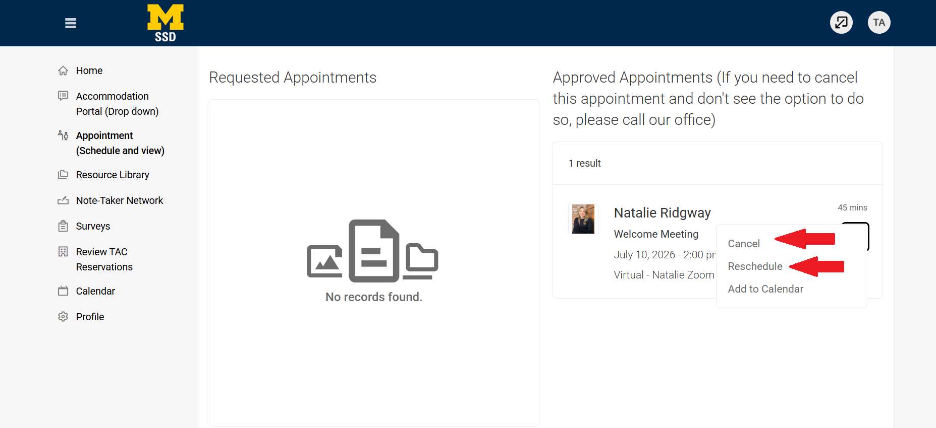 Screenshot of portal with arrows pointing at Cancel and Reschedule