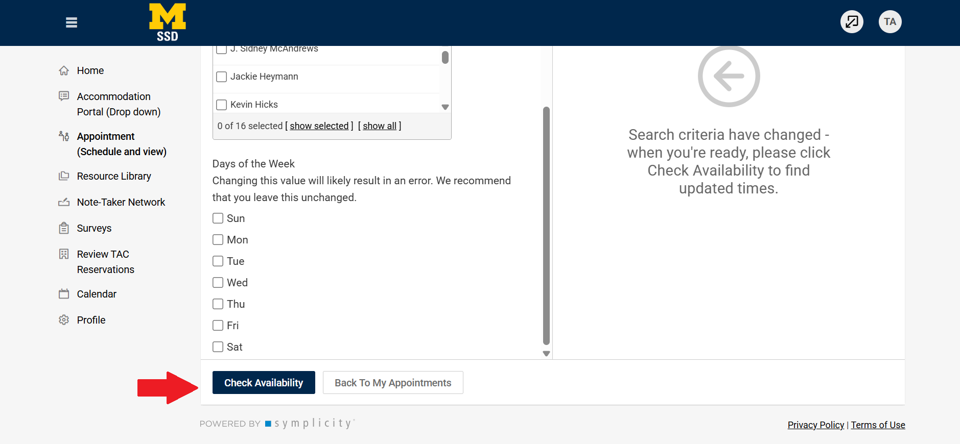 Screenshot of portal with an arrow pointing at the "Check Availability" button.