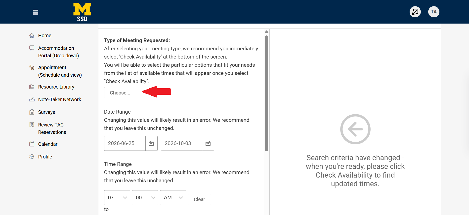Screenshot of portal with an arrow pointing at the "Choose" button under "Type of Meeting Requested."