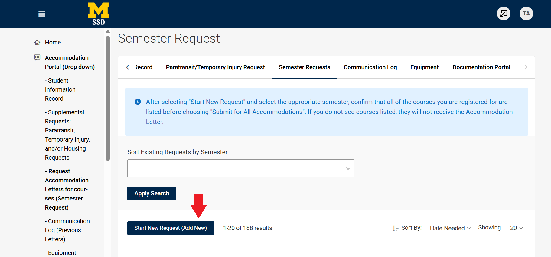 Screenshot of portal with arrow pointing to Start New Request (Add New)