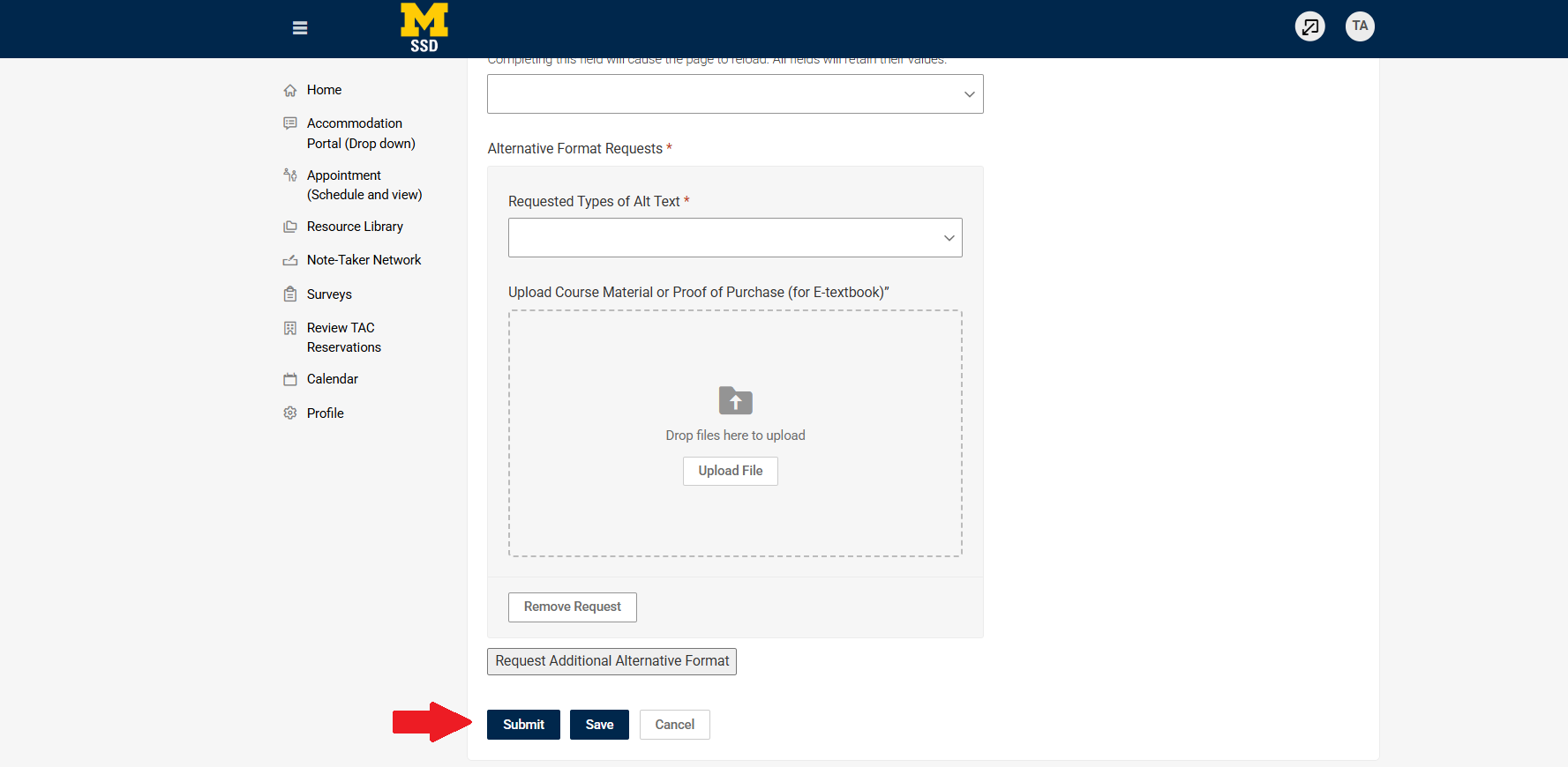 Arrow pointing to Submit