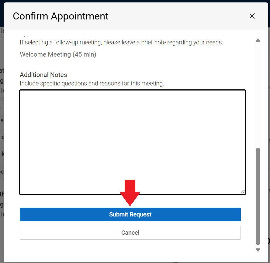 Screenshot of "Confirm Appointment" pop-up window with an arrow pointing to "Submit Request."