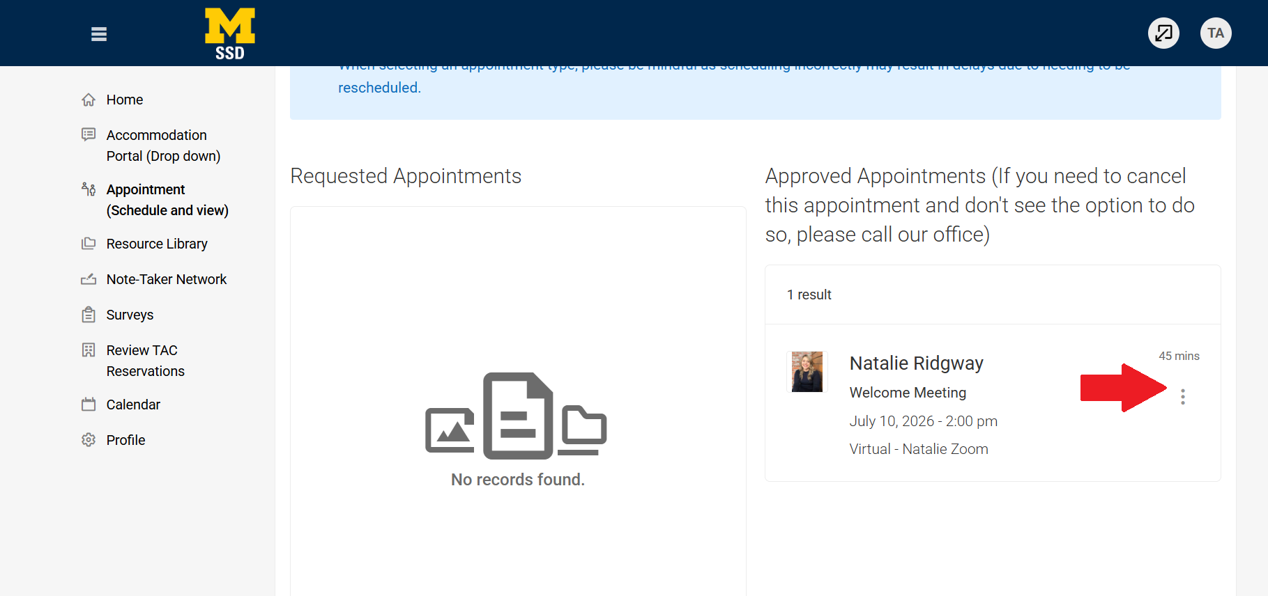 Screenshot of portal with arrow pointing to three vertical dots