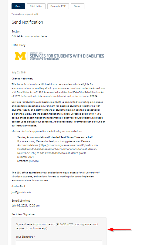 Accommodation letter